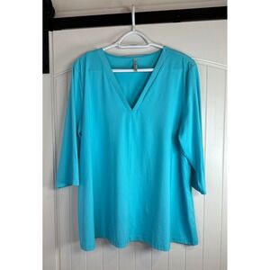Lulu-B Womens XL Turquoise Blue V-Neck 3/4 Sleeve Nylon Spandex Stretch Top